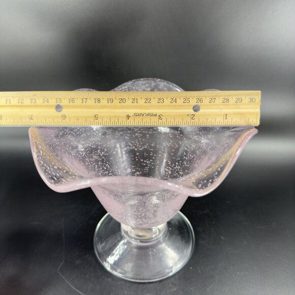 Art Glass Clear Footed Bowl Compote Pink Top With Small Bubbles Glass Decor - Picture 4 of 12